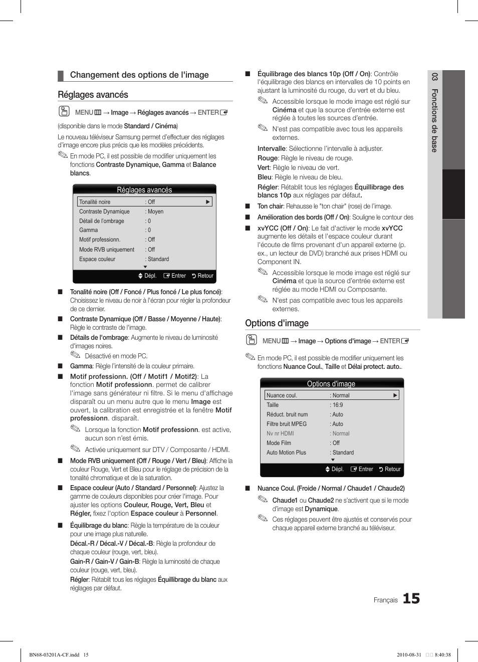 Réglages avancés, Options d'image | Samsung LN46C600F3FXZA User Manual | Page 115 / 151