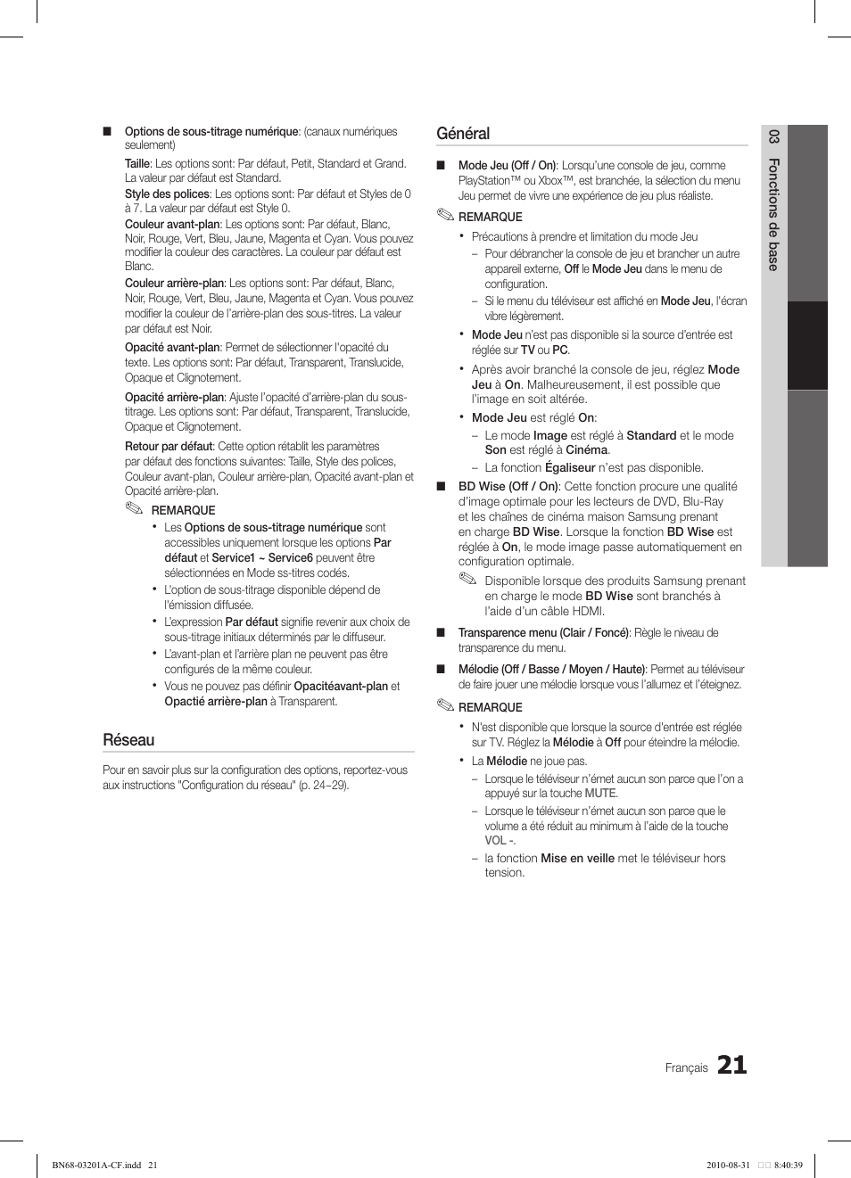 Réseau, Général | Samsung LN46C600F3FXZA User Manual | Page 121 / 151