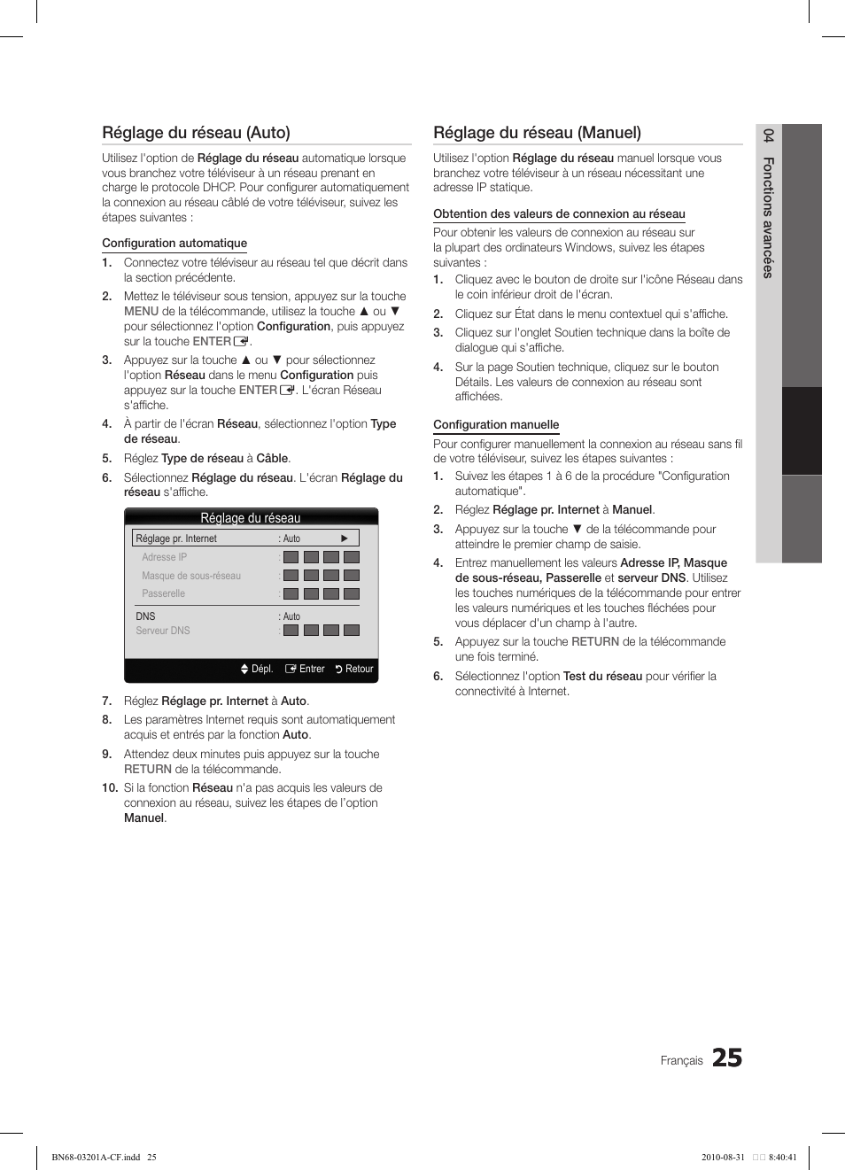 Réglage du réseau (auto), Réglage du réseau (manuel) | Samsung LN46C600F3FXZA User Manual | Page 125 / 151