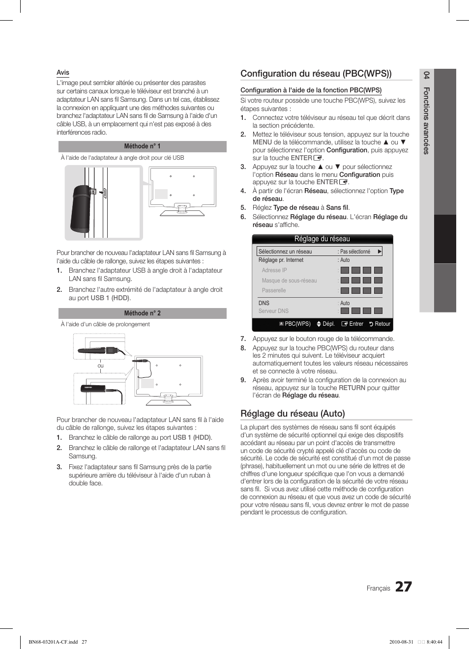 Configuration du réseau (pbc(wps)), Réglage du réseau (auto) | Samsung LN46C600F3FXZA User Manual | Page 127 / 151