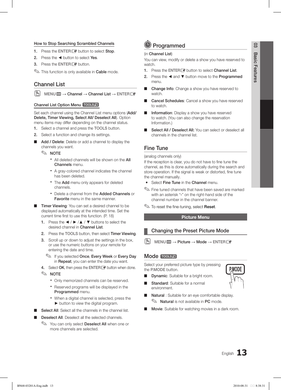 Channel list, Programmed, Fine tune | Mode | Samsung LN46C600F3FXZA User Manual | Page 13 / 151
