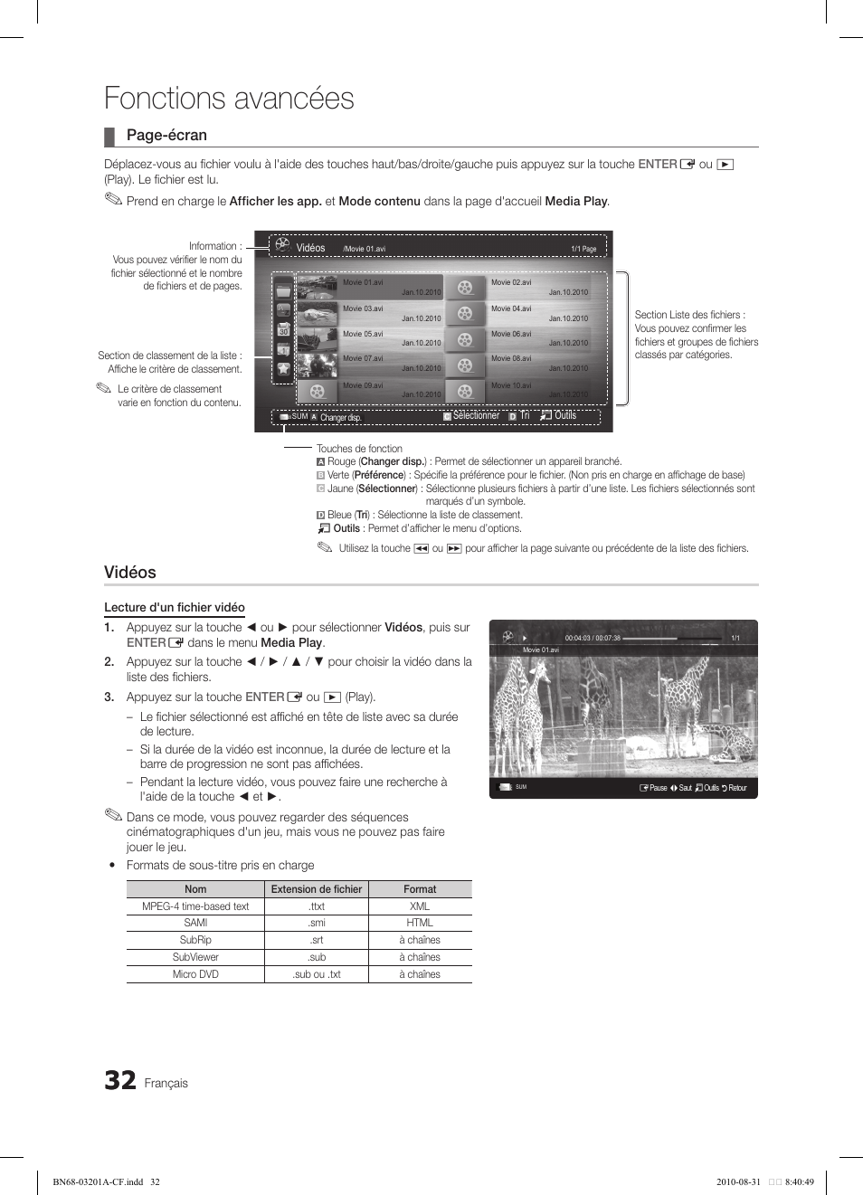 Fonctions avancées, Vidéos, Page-écran | Samsung LN46C600F3FXZA User Manual | Page 132 / 151