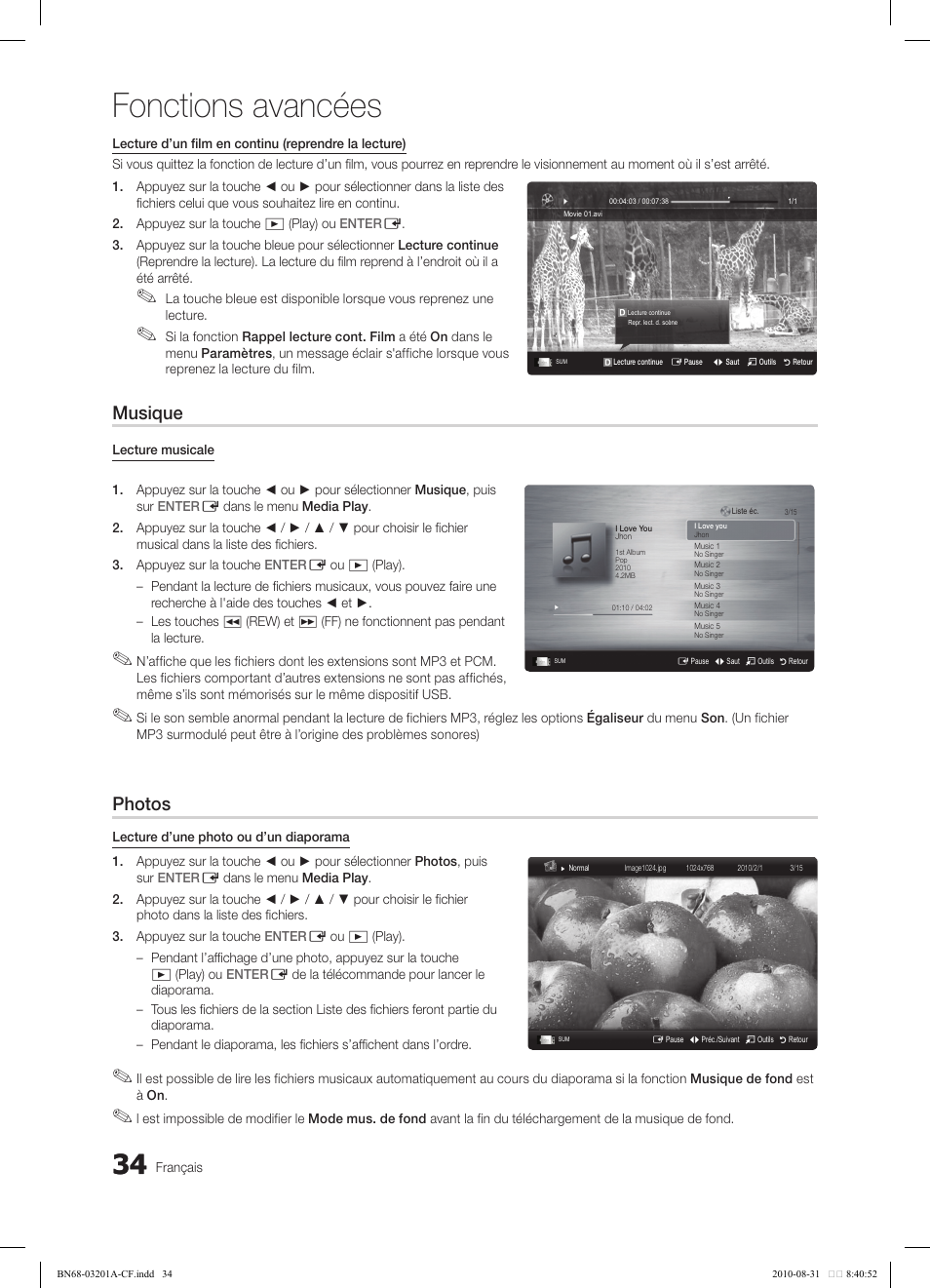 Fonctions avancées, Musique, Photos | Samsung LN46C600F3FXZA User Manual | Page 134 / 151