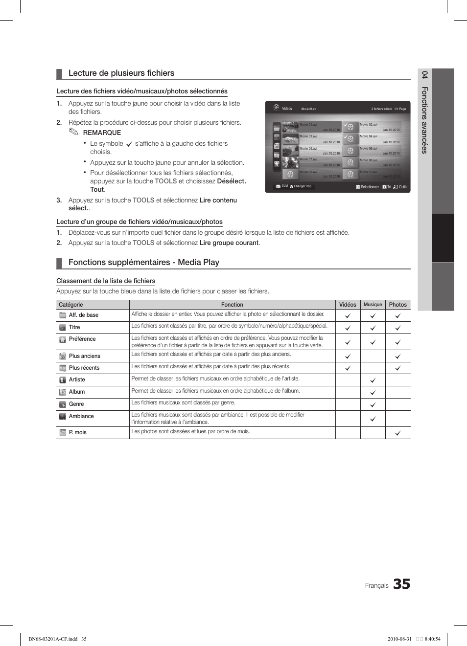 Lecture de plusieurs fichiers, Fonctions supplémentaires - media play | Samsung LN46C600F3FXZA User Manual | Page 135 / 151