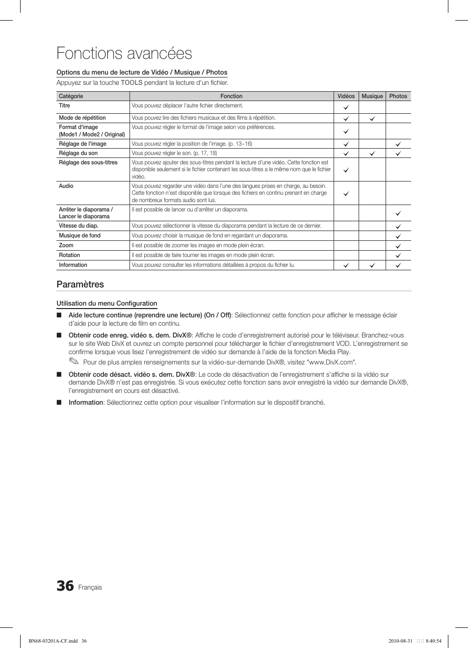 Fonctions avancées, Paramètres | Samsung LN46C600F3FXZA User Manual | Page 136 / 151
