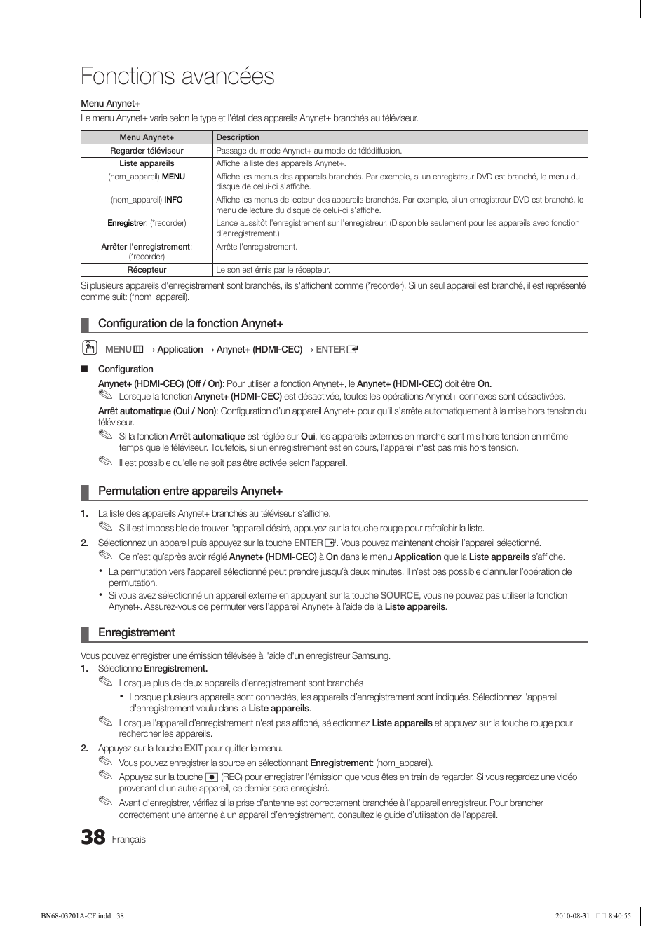 Fonctions avancées | Samsung LN46C600F3FXZA User Manual | Page 138 / 151