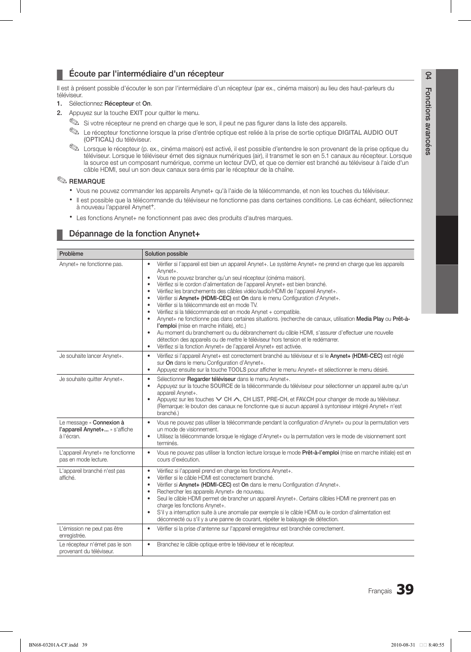 Écoute par l'intermédiaire d'un récepteur, Dépannage de la fonction anynet | Samsung LN46C600F3FXZA User Manual | Page 139 / 151