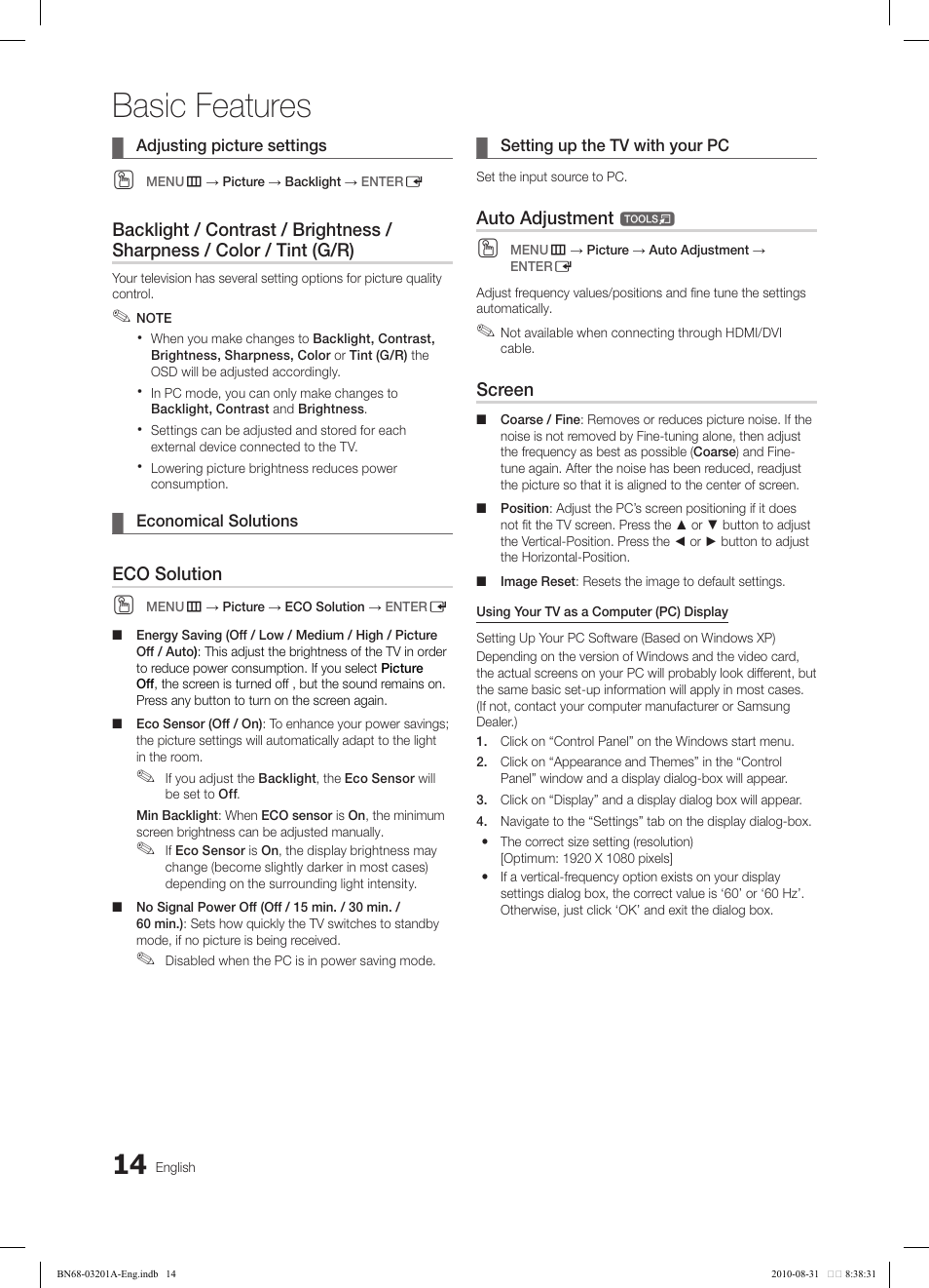 Basic features, Eco solution, Auto adjustment | Screen | Samsung LN46C600F3FXZA User Manual | Page 14 / 151