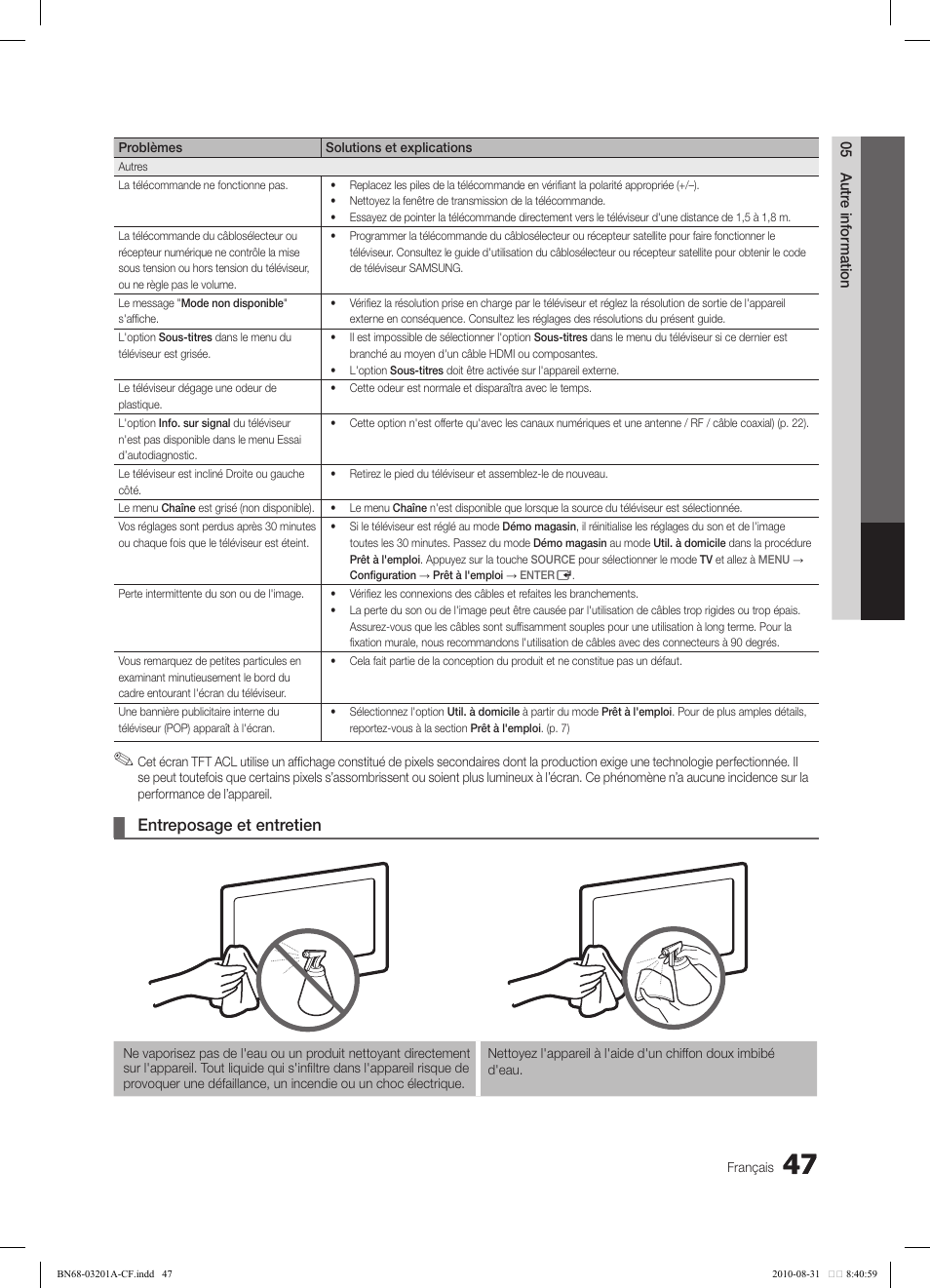Entreposage et entretien | Samsung LN46C600F3FXZA User Manual | Page 147 / 151