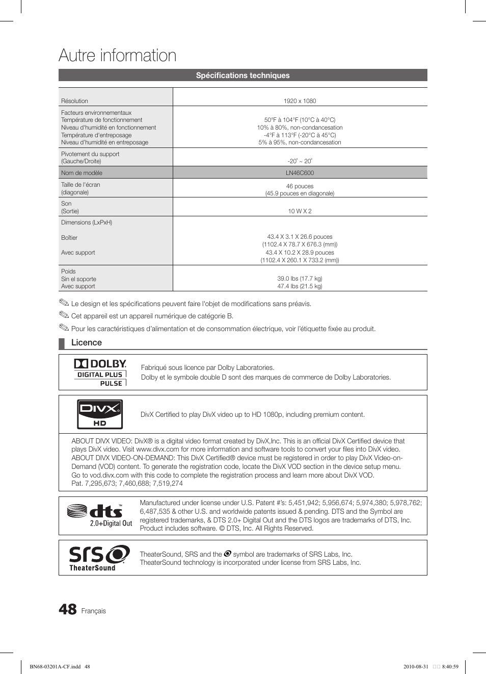 Autre information | Samsung LN46C600F3FXZA User Manual | Page 148 / 151