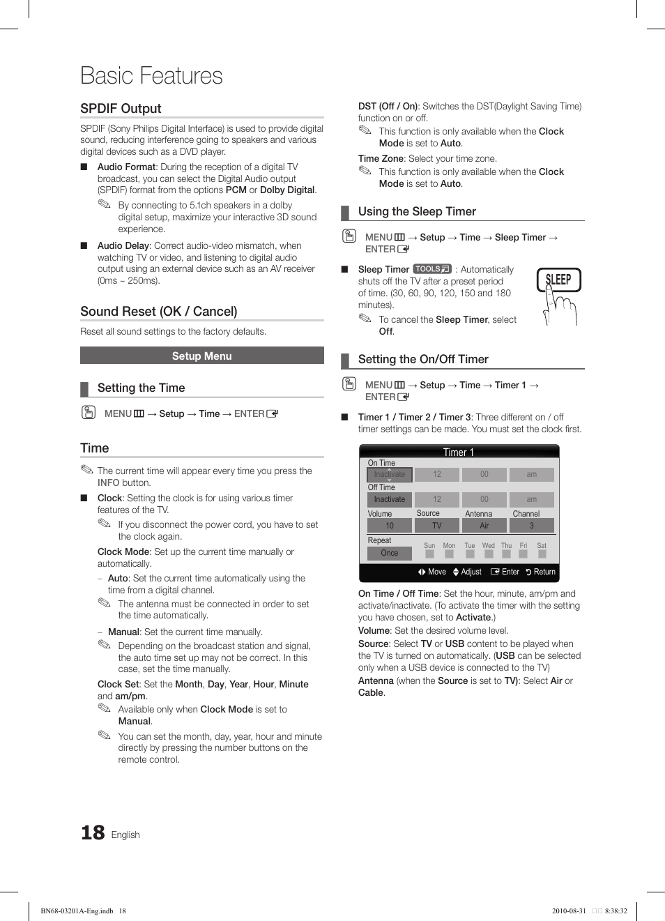 Basic features, Spdif output, Sound reset (ok / cancel) | Time | Samsung LN46C600F3FXZA User Manual | Page 18 / 151