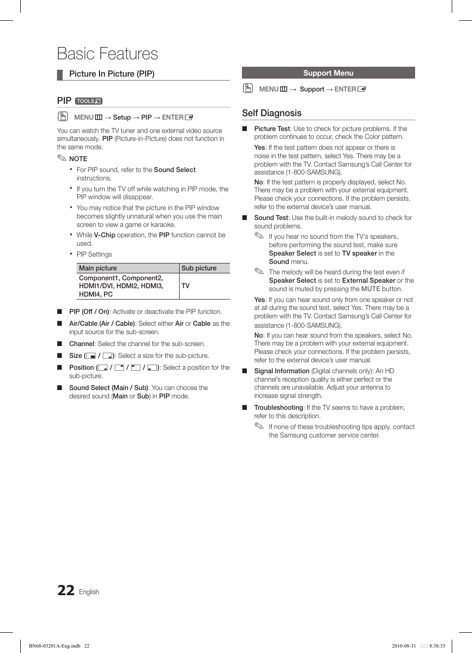 Basic features, Self diagnosis | Samsung LN46C600F3FXZA User Manual | Page 22 / 151