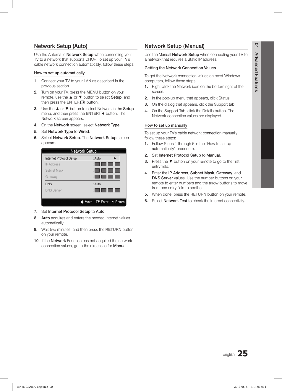Network setup (auto), Network setup (manual) | Samsung LN46C600F3FXZA User Manual | Page 25 / 151