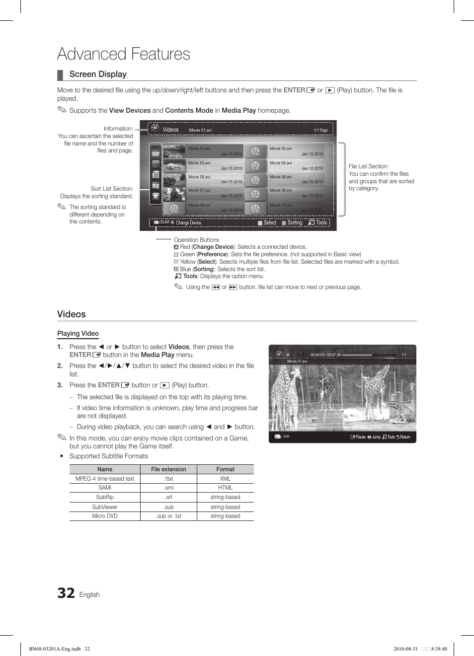 Advanced features, Videos, Screen display | Samsung LN46C600F3FXZA User Manual | Page 32 / 151
