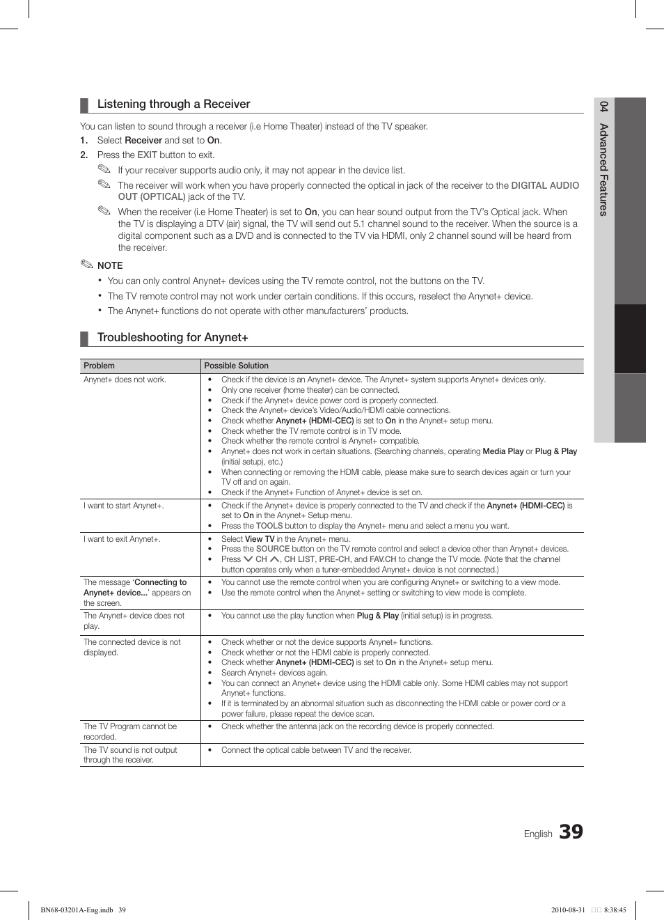 Listening through a receiver, Troubleshooting for anynet | Samsung LN46C600F3FXZA User Manual | Page 39 / 151