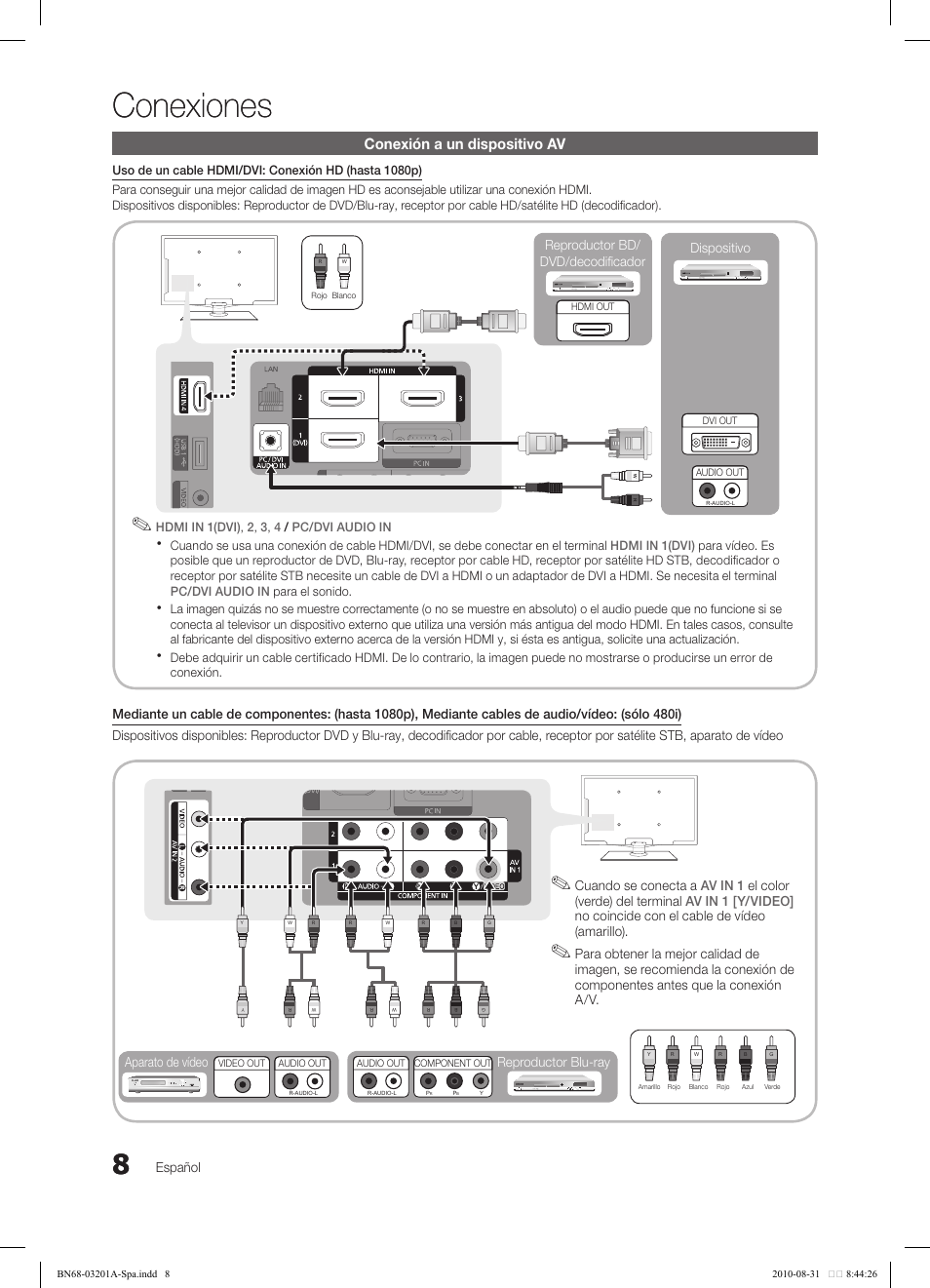 Conexiones, Conexión a un dispositivo av, Español | Aparato de vídeo, Cuando se conecta a, Reproductor blu-ray dispositivo, Reproductor bd/ dvd/decodificador | Samsung LN46C600F3FXZA User Manual | Page 58 / 151