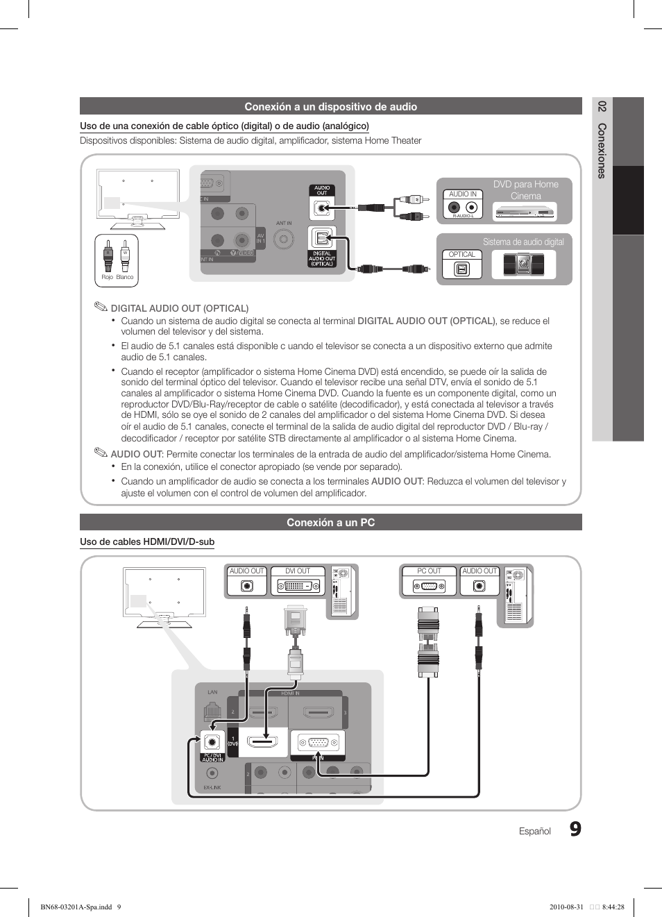 02 conexiones conexión a un dispositivo de audio, Conexión a un pc | Samsung LN46C600F3FXZA User Manual | Page 59 / 151