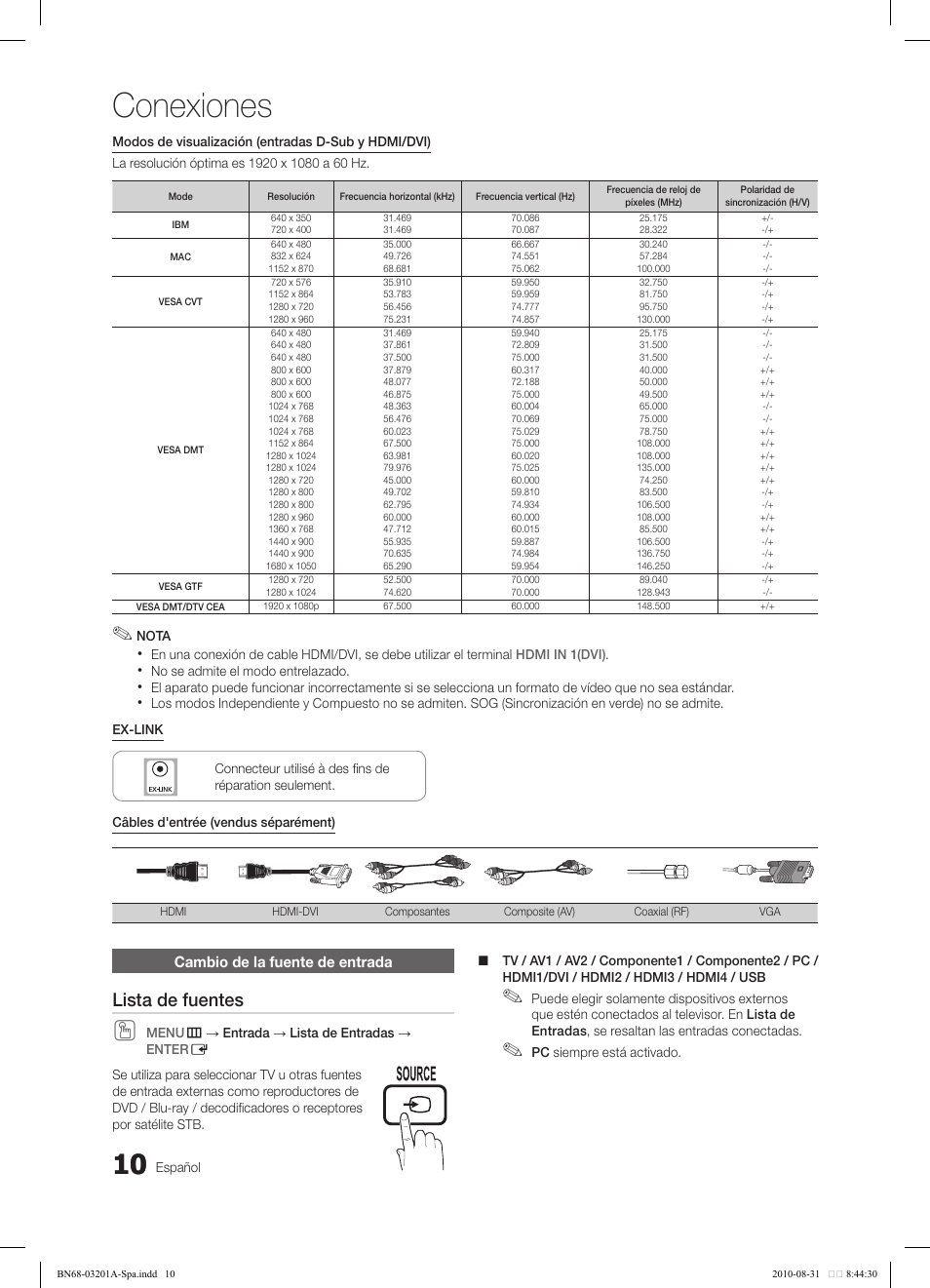 Conexiones, Lista de fuentes | Samsung LN46C600F3FXZA User Manual | Page 60 / 151