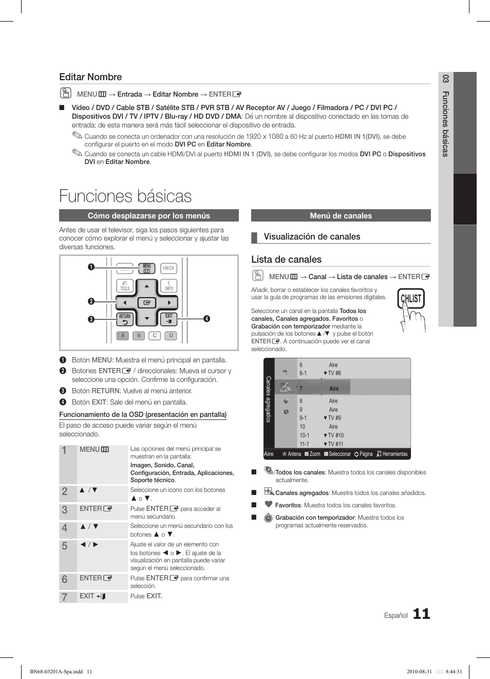 Funciones básicas, Lista de canales, Editar nombre | Samsung LN46C600F3FXZA User Manual | Page 61 / 151