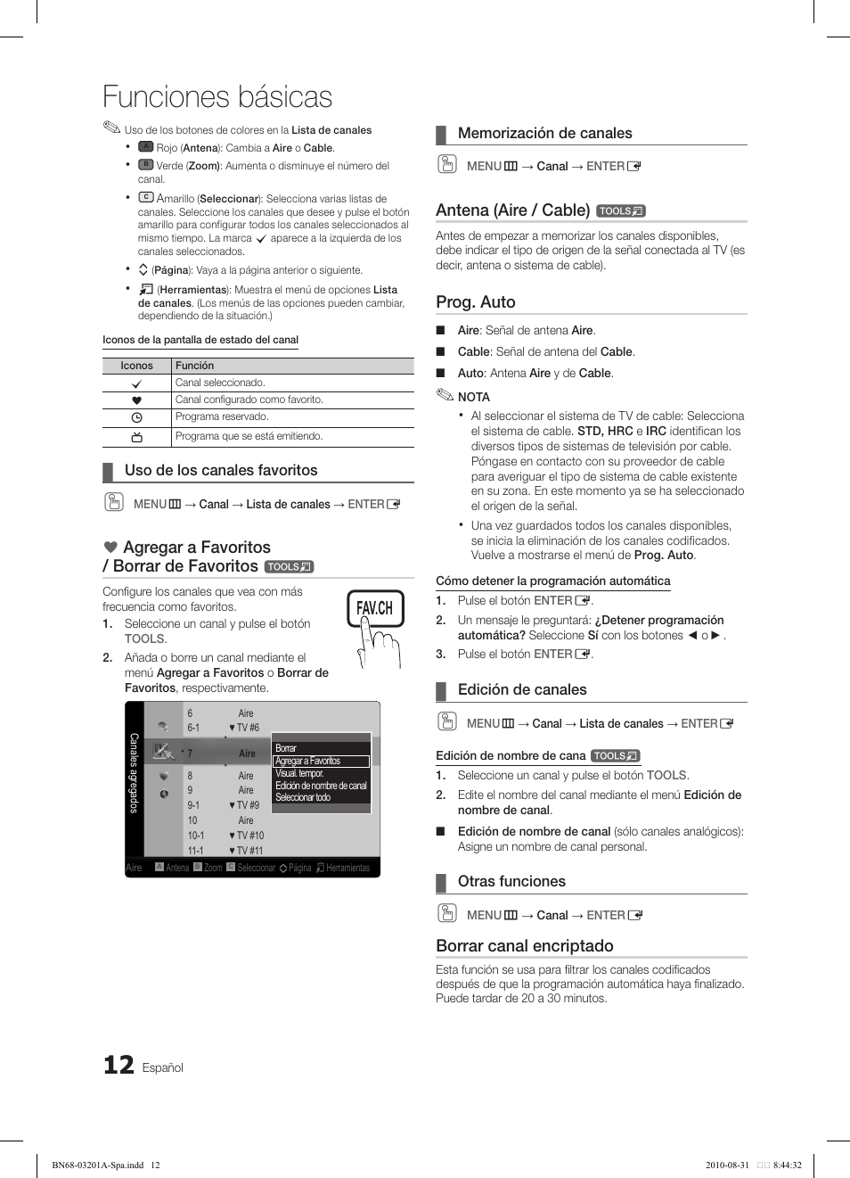 Funciones básicas, Agregar a favoritos / borrar de favoritos, Antena (aire / cable) | Prog. auto, Borrar canal encriptado | Samsung LN46C600F3FXZA User Manual | Page 62 / 151