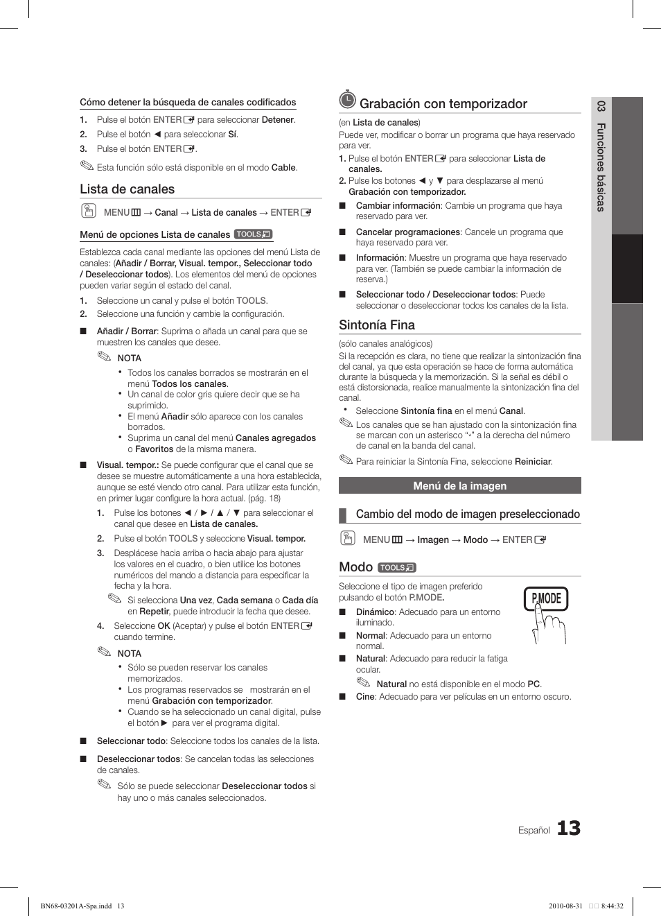 Lista de canales, Grabación con temporizador, Sintonía fina | Modo | Samsung LN46C600F3FXZA User Manual | Page 63 / 151