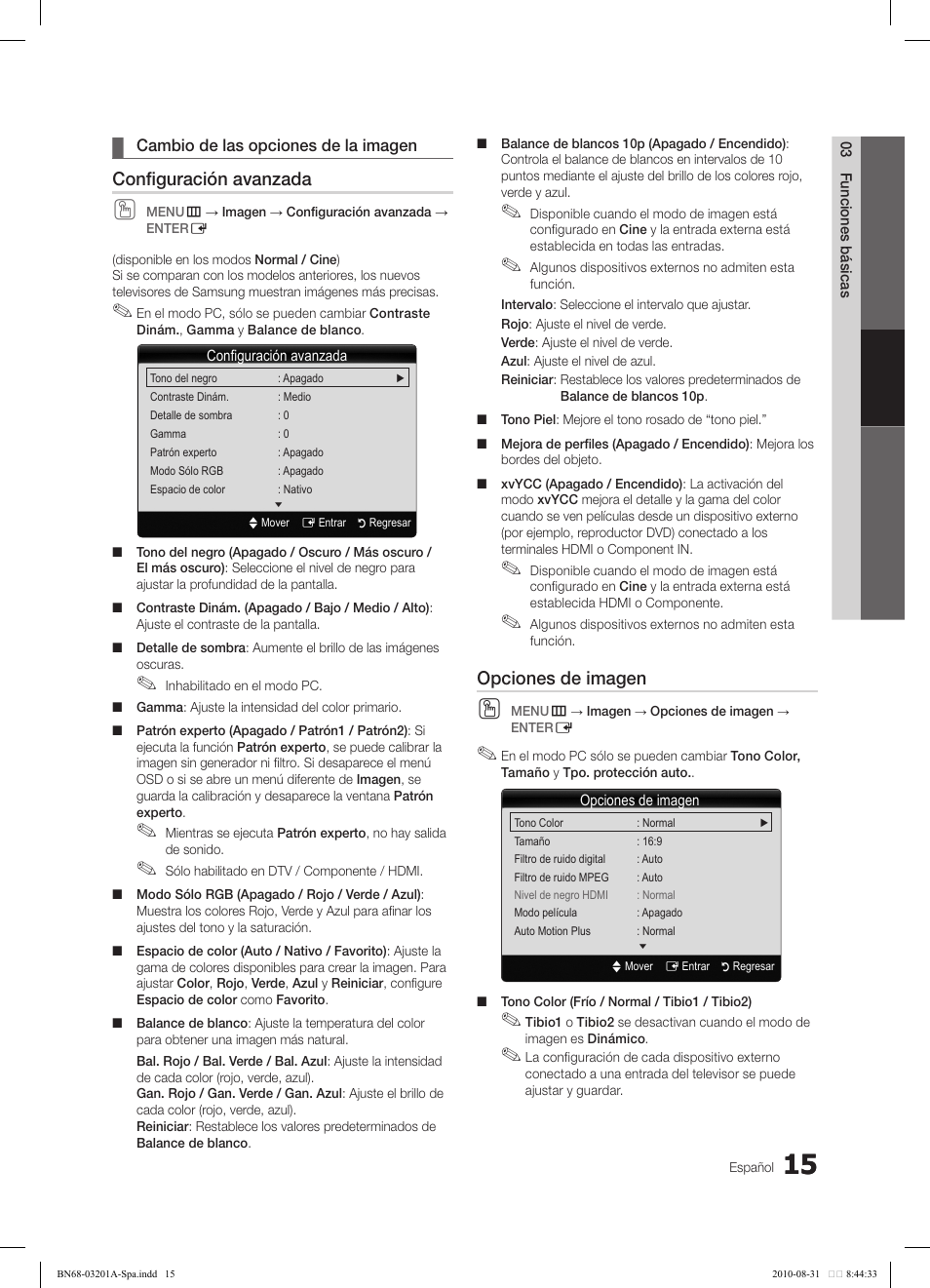 Configuración avanzada, Opciones de imagen | Samsung LN46C600F3FXZA User Manual | Page 65 / 151