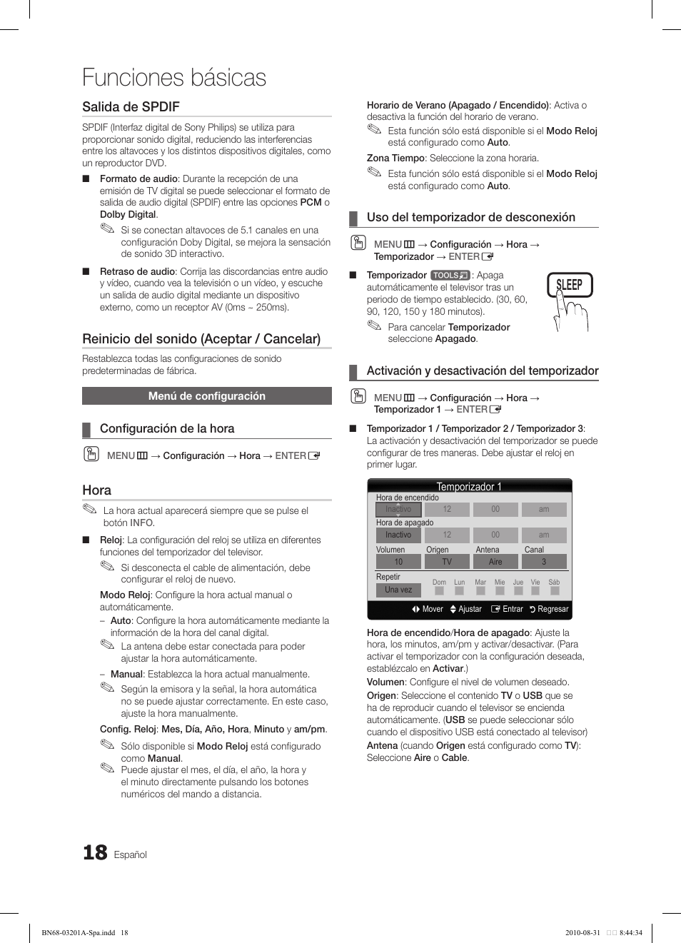 Funciones básicas, Salida de spdif, Reinicio del sonido (aceptar / cancelar) | Hora | Samsung LN46C600F3FXZA User Manual | Page 68 / 151