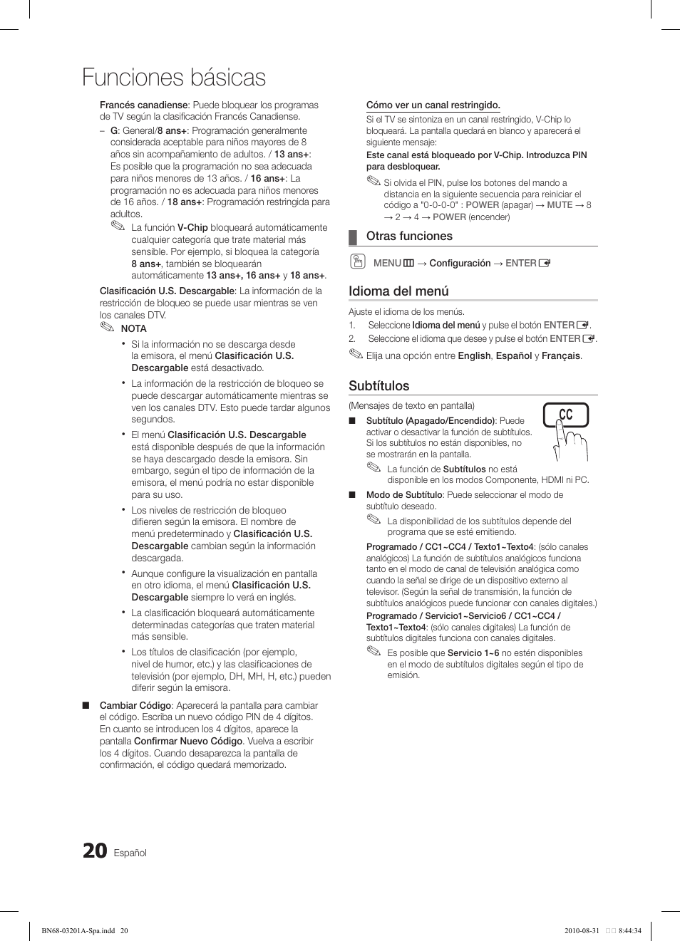 Funciones básicas | Samsung LN46C600F3FXZA User Manual | Page 70 / 151