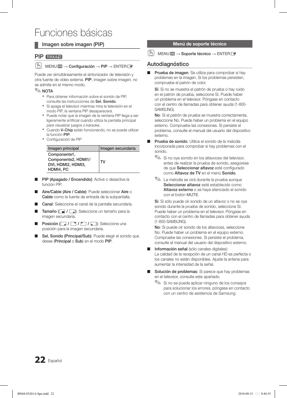 Funciones básicas, Autodiagnóstico | Samsung LN46C600F3FXZA User Manual | Page 72 / 151