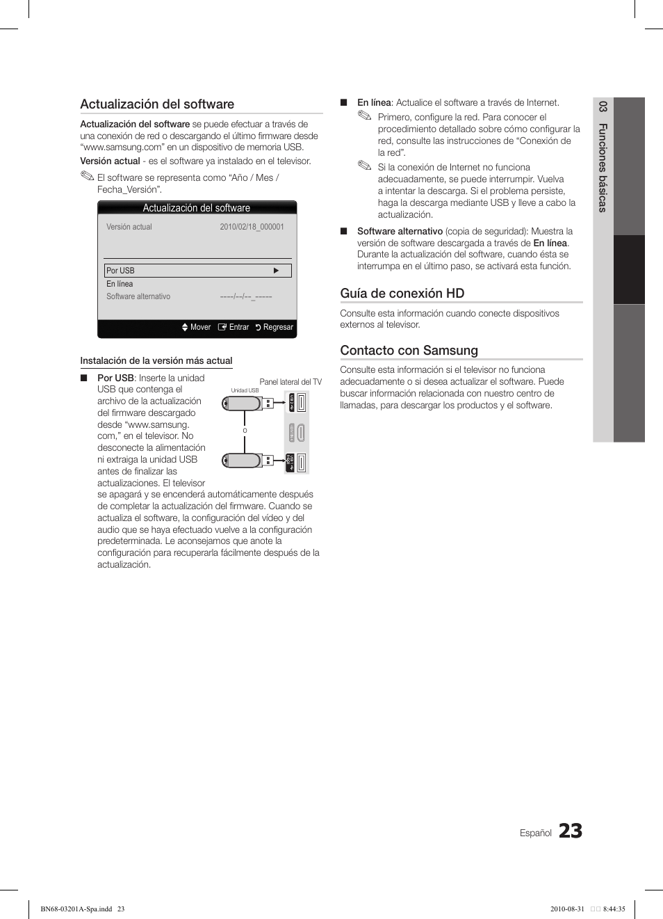 Actualización del software, Guía de conexión hd, Contacto con samsung | Samsung LN46C600F3FXZA User Manual | Page 73 / 151