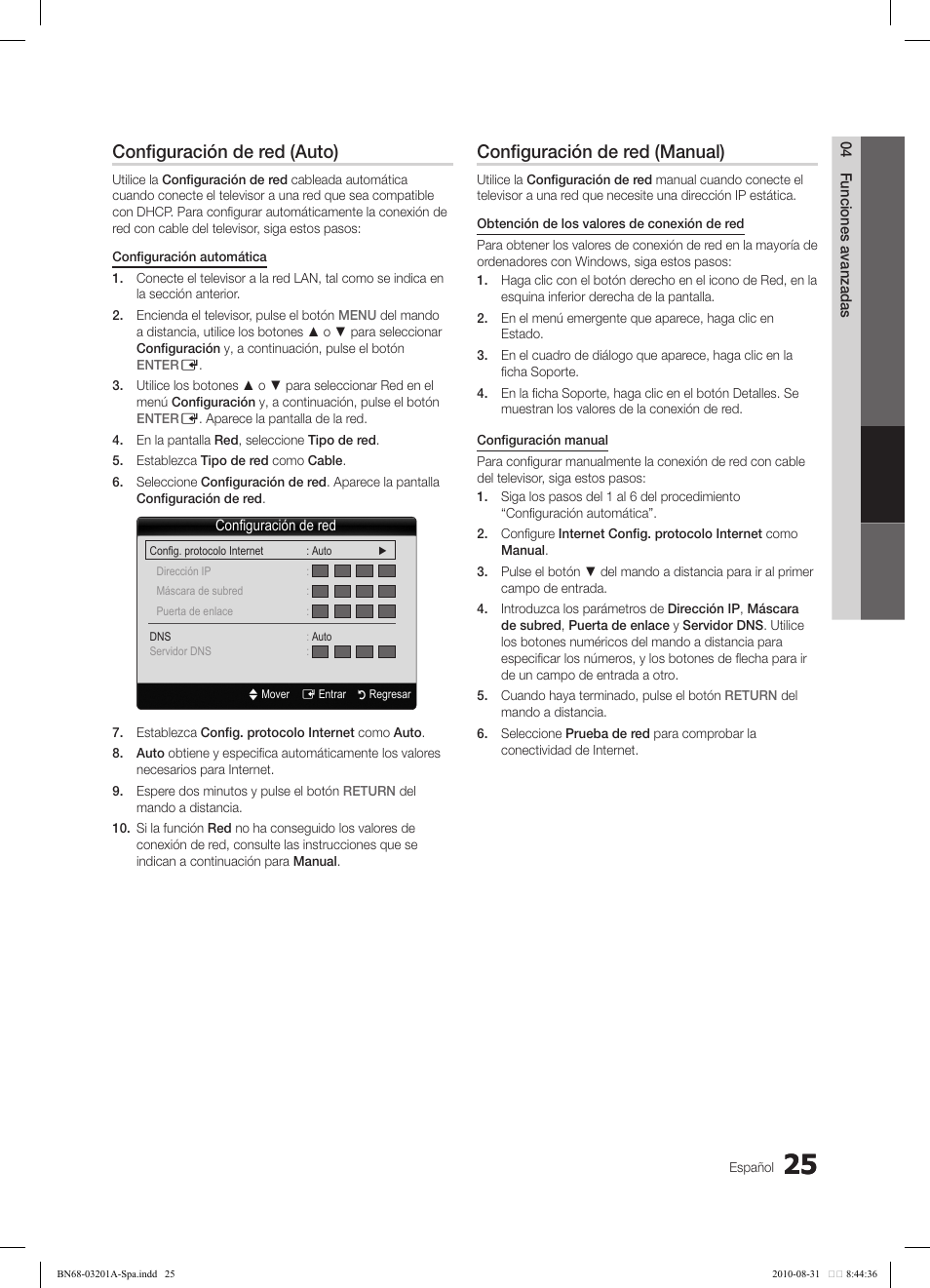 Configuración de red (auto), Configuración de red (manual) | Samsung LN46C600F3FXZA User Manual | Page 75 / 151