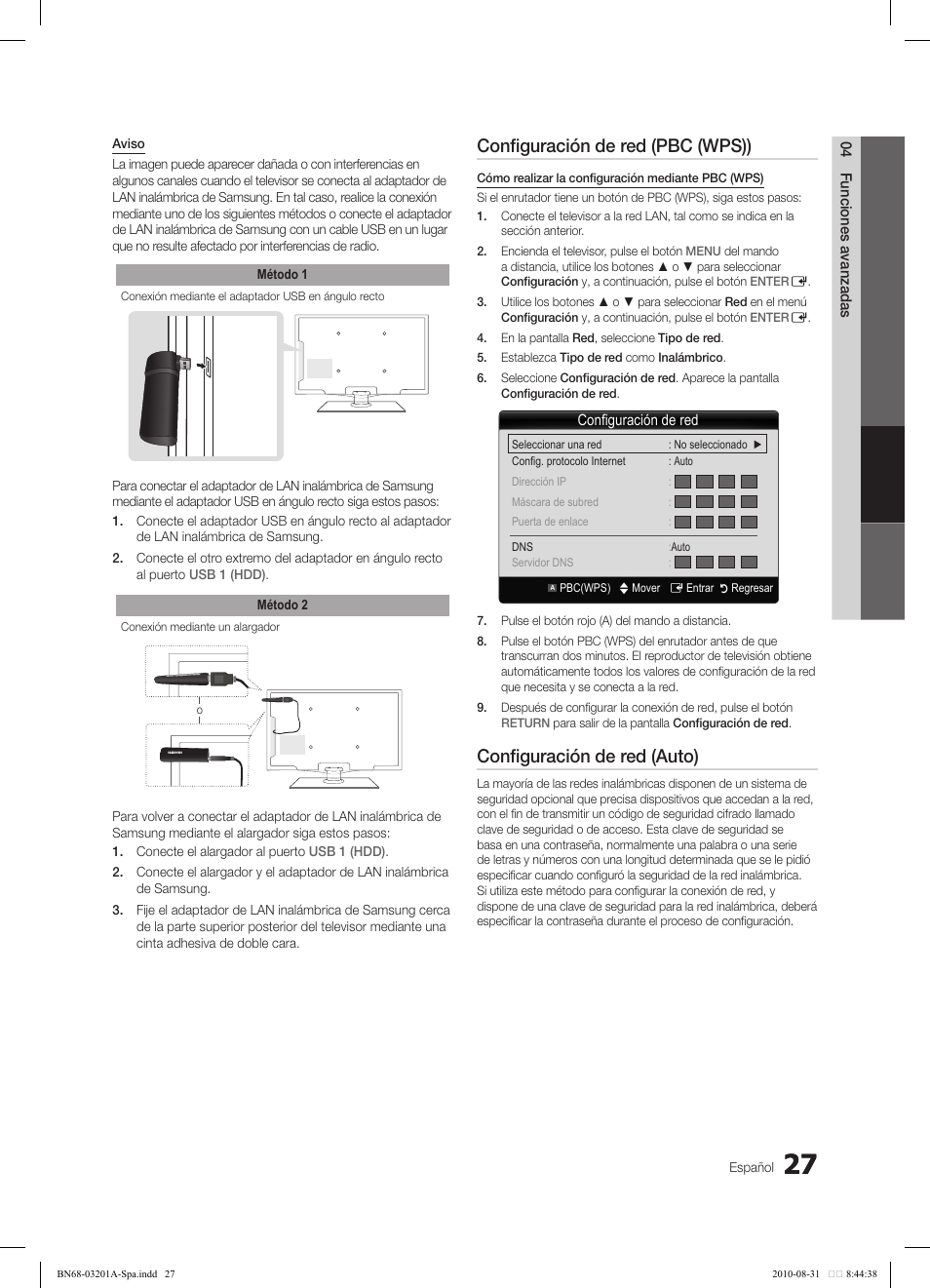 Configuración de red (pbc (wps)), Configuración de red (auto) | Samsung LN46C600F3FXZA User Manual | Page 77 / 151