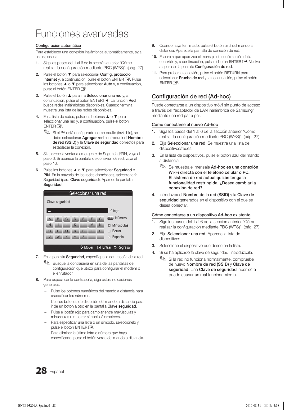 Funciones avanzadas, Configuración de red (ad-hoc) | Samsung LN46C600F3FXZA User Manual | Page 78 / 151