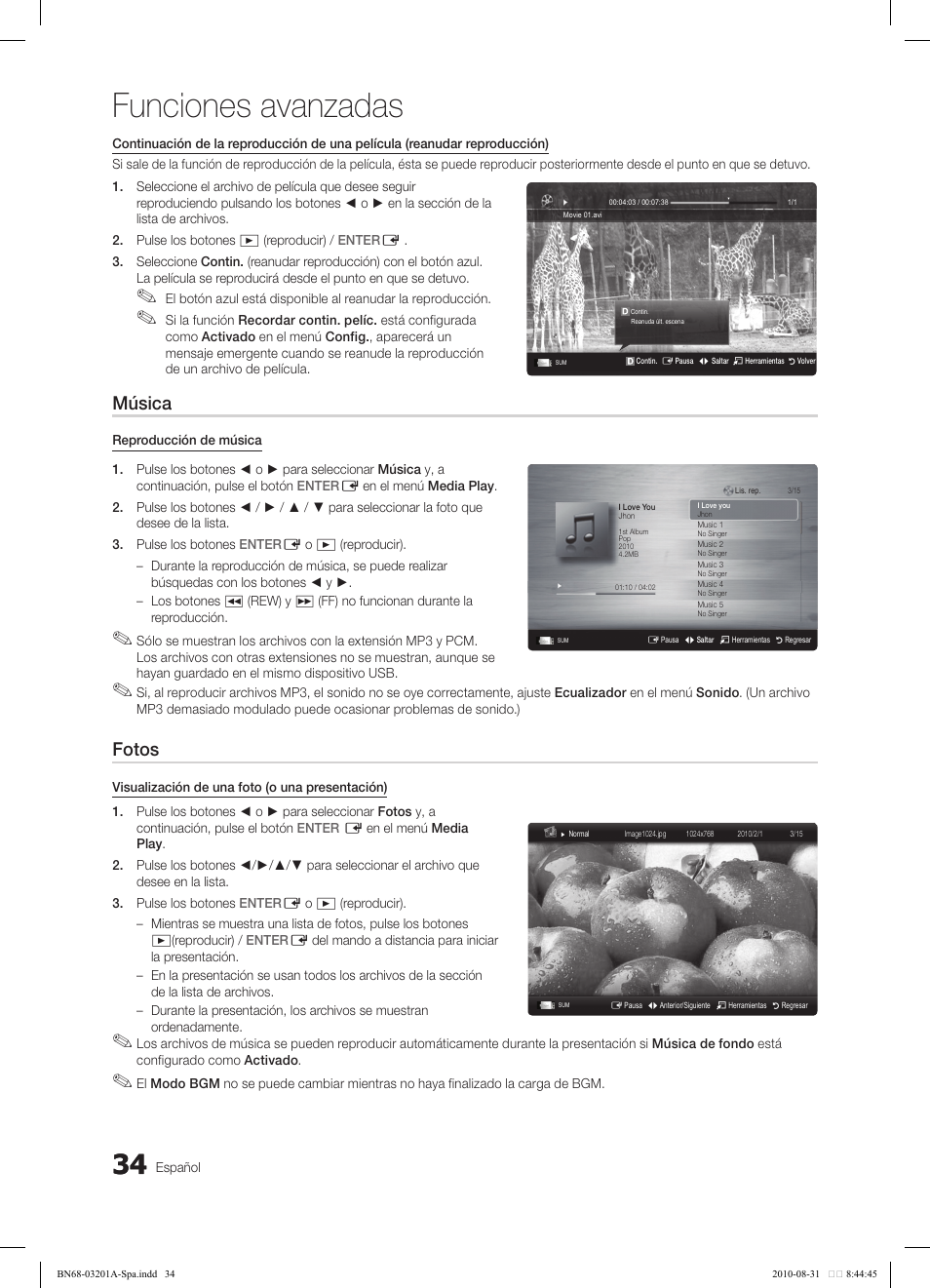 Funciones avanzadas, Música, Fotos | Samsung LN46C600F3FXZA User Manual | Page 84 / 151