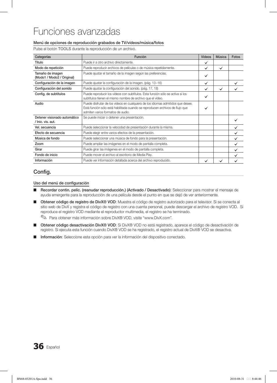 Funciones avanzadas, Config | Samsung LN46C600F3FXZA User Manual | Page 86 / 151