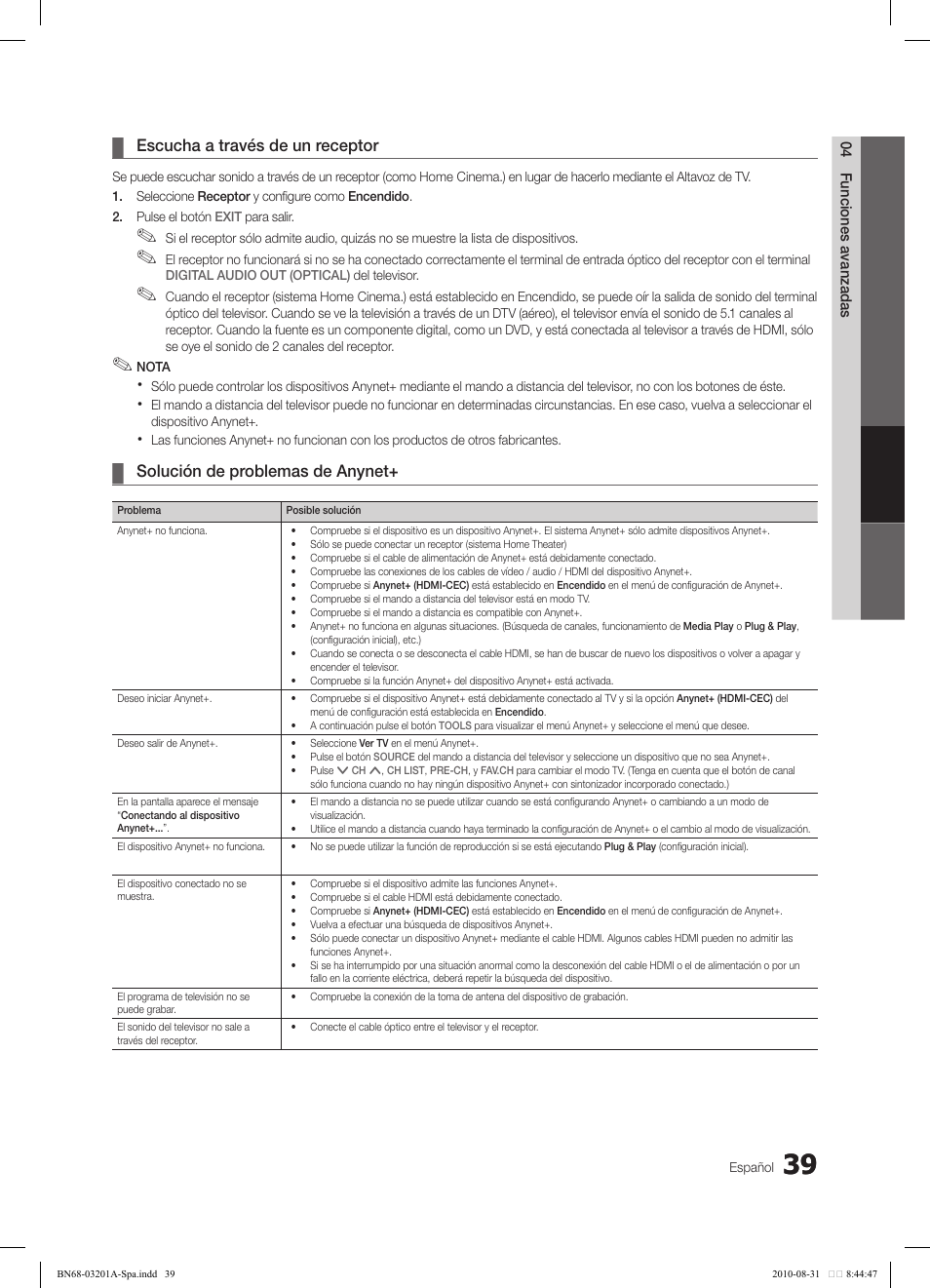 Escucha a través de un receptor, Solución de problemas de anynet | Samsung LN46C600F3FXZA User Manual | Page 89 / 151