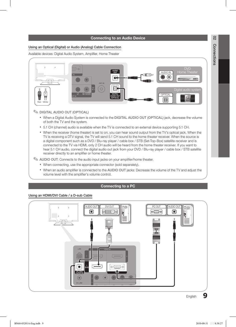 02 connections connecting to an audio device, Connecting to a pc | Samsung LN46C600F3FXZA User Manual | Page 9 / 151