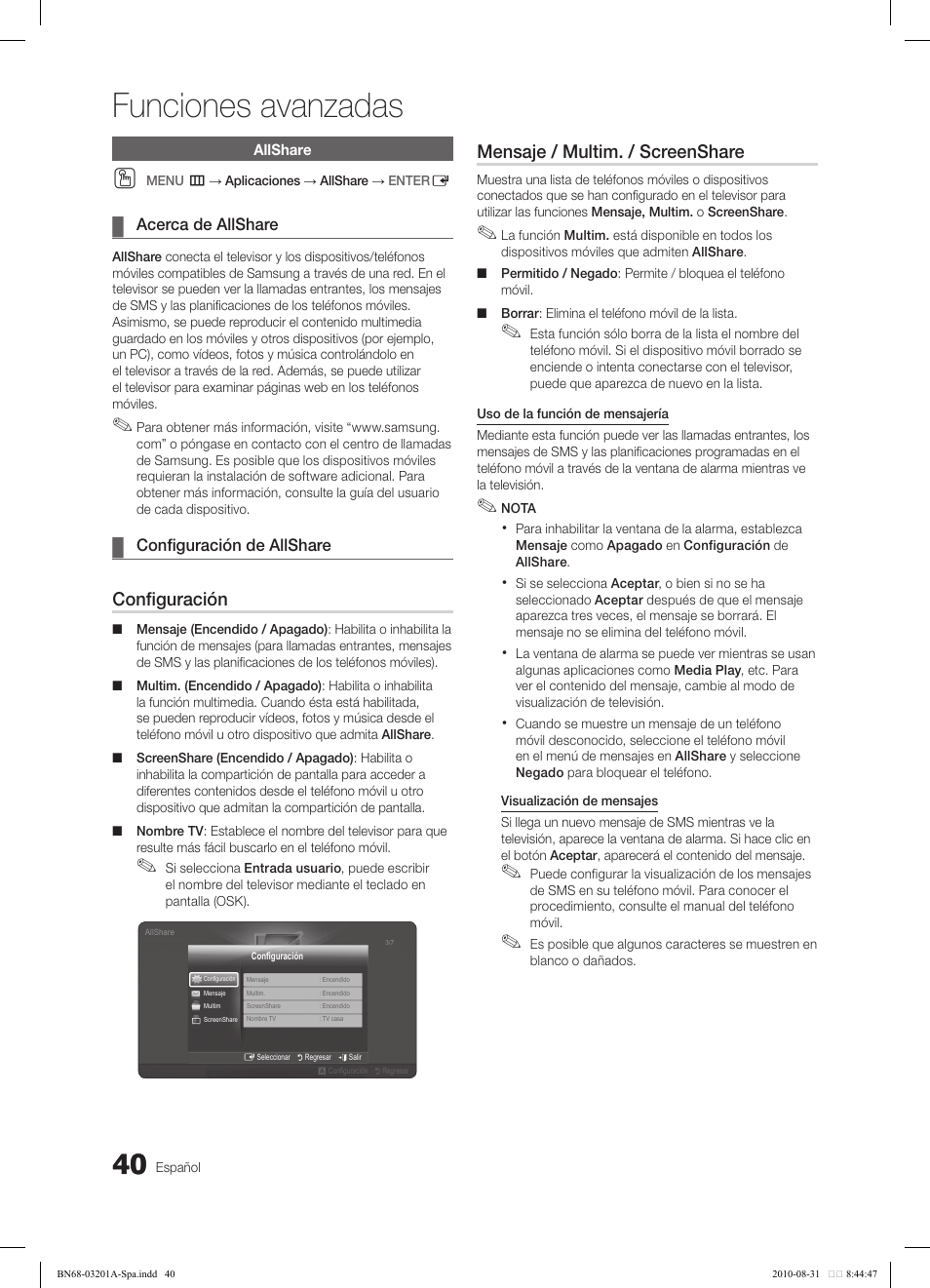 Funciones avanzadas, Configuración, Mensaje / multim. / screenshare | Samsung LN46C600F3FXZA User Manual | Page 90 / 151