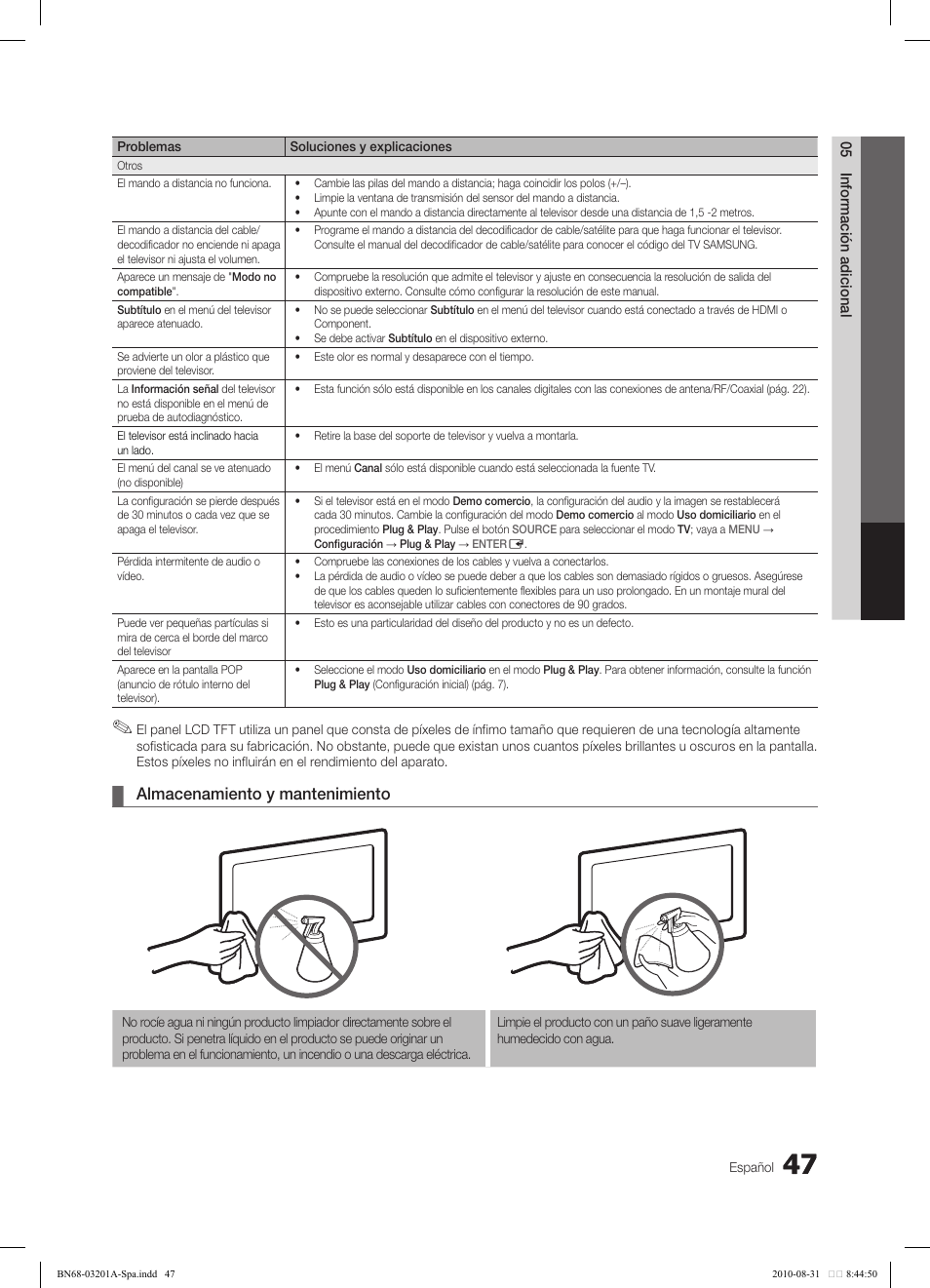 Almacenamiento y mantenimiento | Samsung LN46C600F3FXZA User Manual | Page 97 / 151