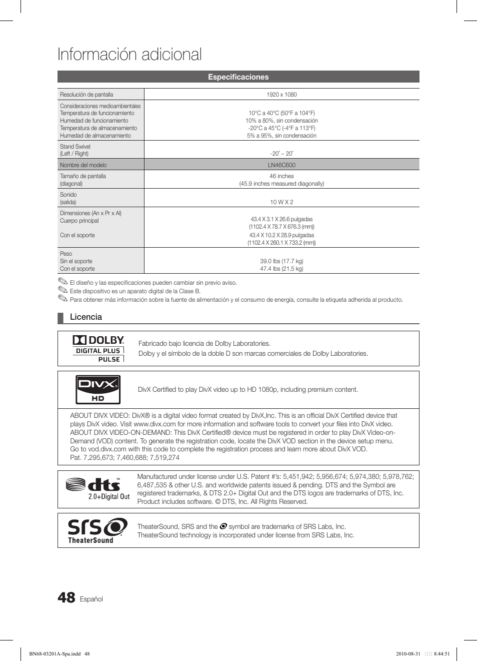 Información adicional | Samsung LN46C600F3FXZA User Manual | Page 98 / 151