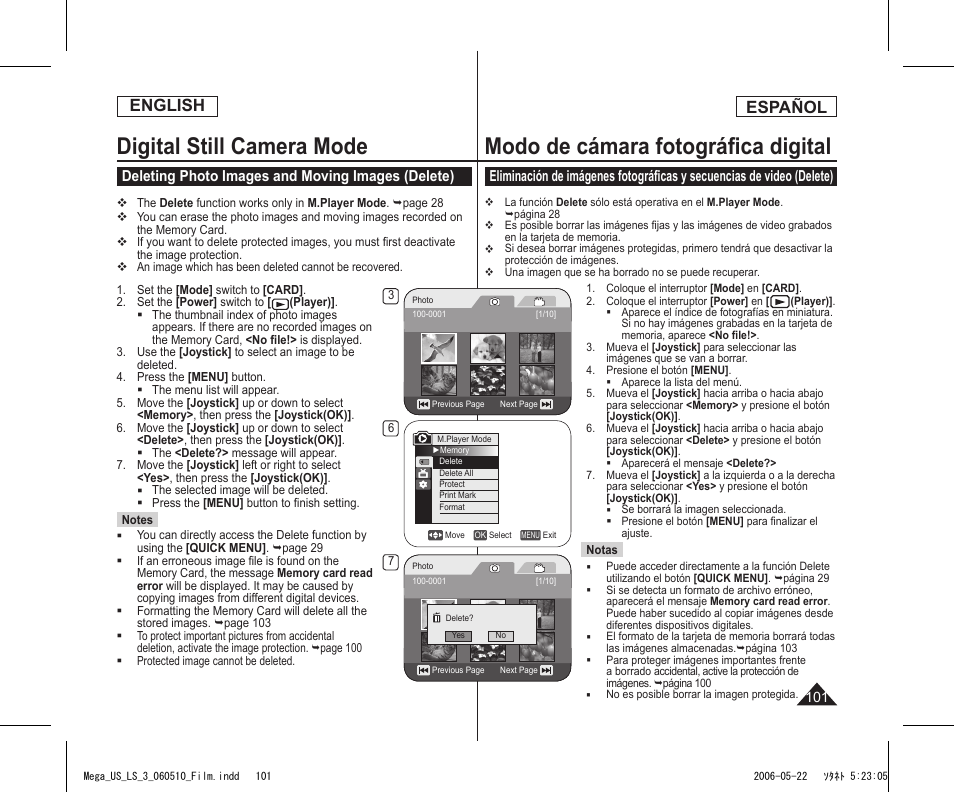 Digital still camera mode, Modo de cámara fotográﬁca digital, English | Español, Deleting photo images and moving images (delete) | Samsung SC-DC565-XAA User Manual | Page 101 / 132