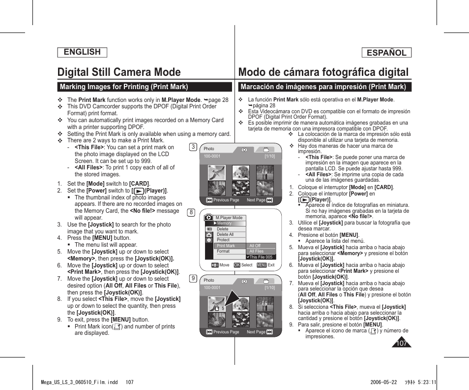 Digital still camera mode, Modo de cámara fotográﬁca digital, English | Español, Marking images for printing (print mark), Marcación de imágenes para impresión (print mark) | Samsung SC-DC565-XAA User Manual | Page 107 / 132