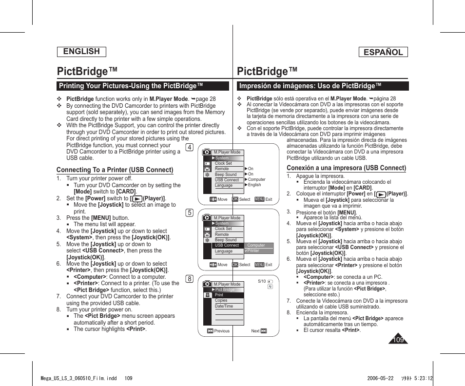 Pictbridge, English, Español | Printing your pictures-using the pictbridge, Impresión de imágenes: uso de pictbridge | Samsung SC-DC565-XAA User Manual | Page 109 / 132