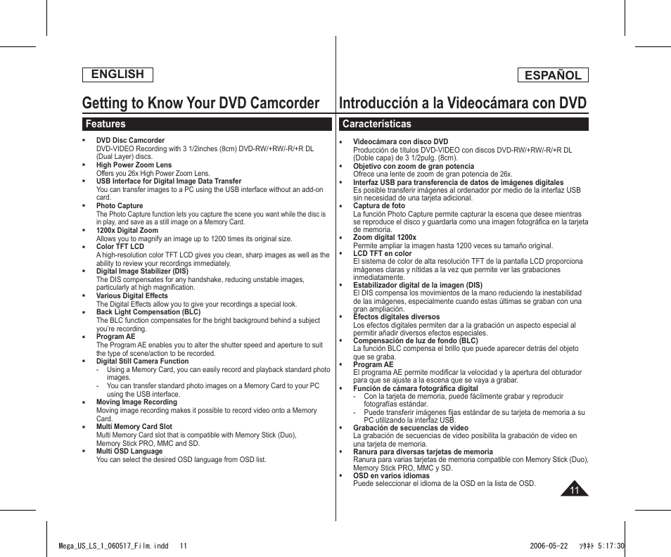 Getting to know your dvd camcorder, Introducción a la videocámara con dvd, English | Español, Features, Características | Samsung SC-DC565-XAA User Manual | Page 11 / 132
