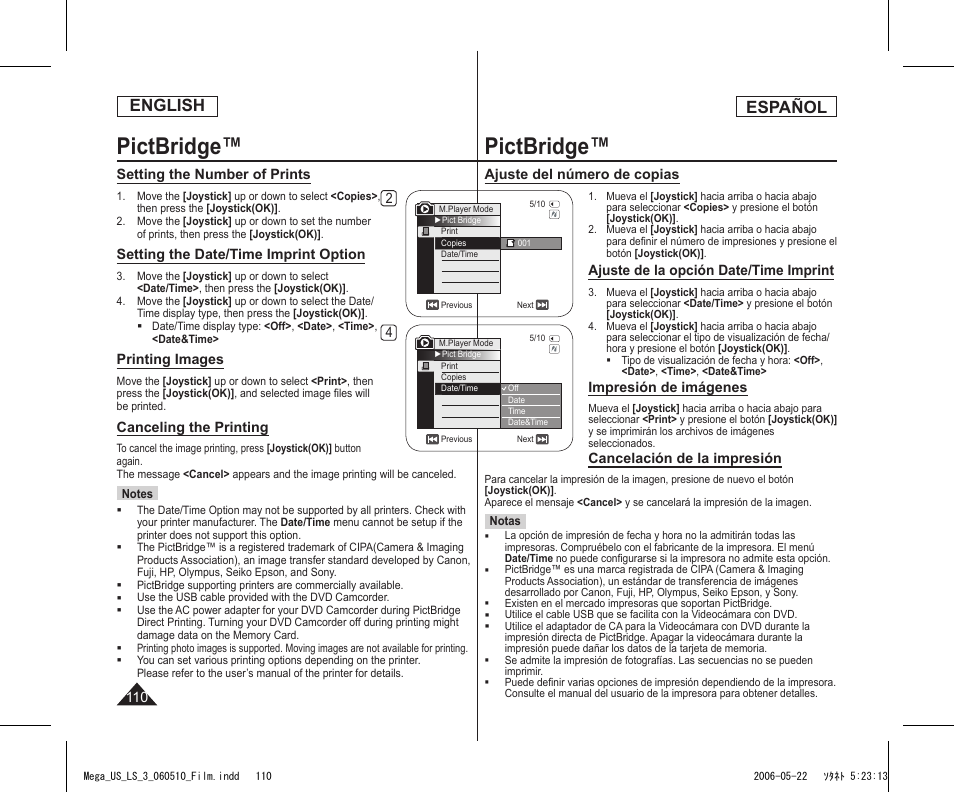 Pictbridge, English, Español | Samsung SC-DC565-XAA User Manual | Page 110 / 132