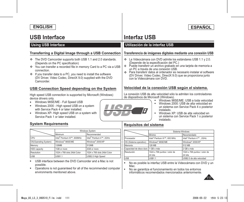 Usb interface, Interfaz usb, English | Español, Using usb interface, Utilización de la interfaz usb, Usb connection speed depending on the system, System requirements, Velocidad de la conexión usb según el sistema, Requisitos del sistema | Samsung SC-DC565-XAA User Manual | Page 111 / 132