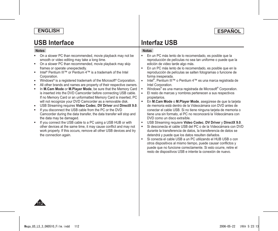 Usb interface, Interfaz usb, English | Español | Samsung SC-DC565-XAA User Manual | Page 112 / 132