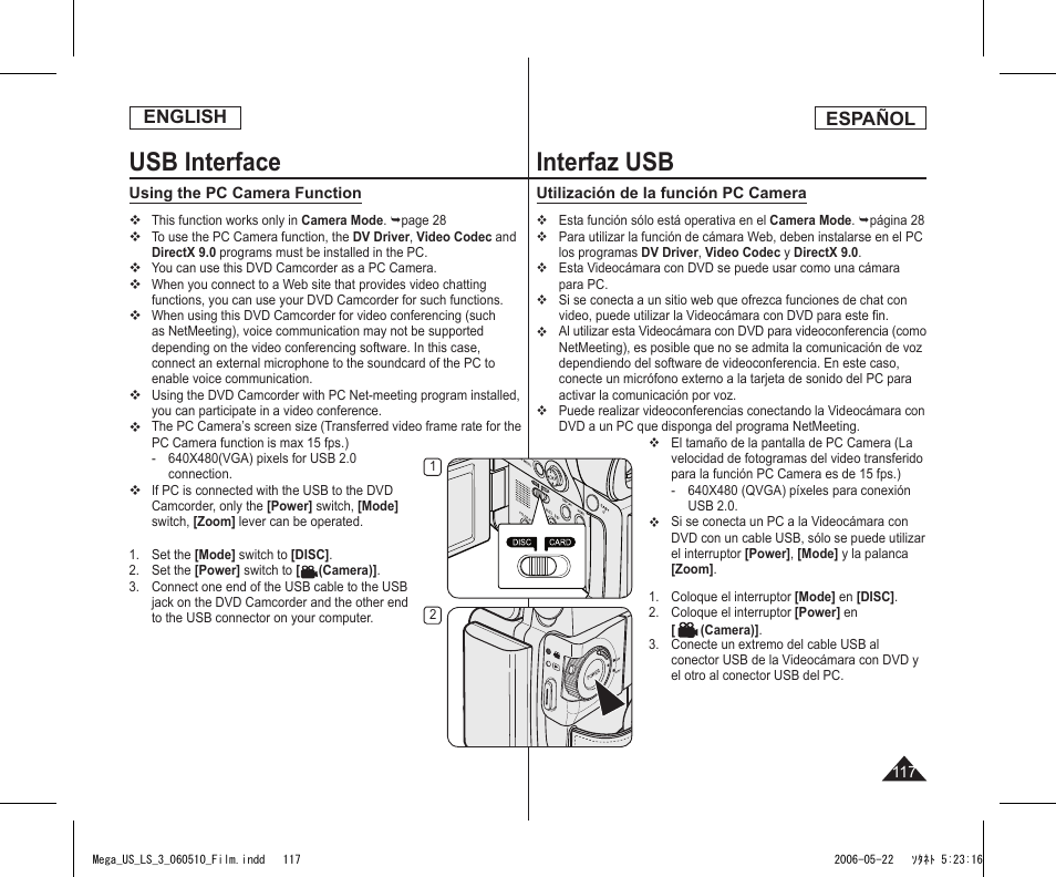 Usb interface, Interfaz usb, English | Español | Samsung SC-DC565-XAA User Manual | Page 117 / 132