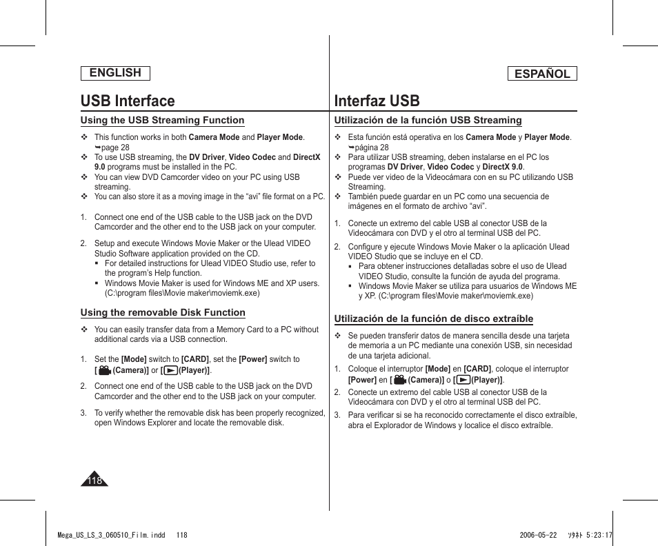 Usb interface, Interfaz usb, English | Español | Samsung SC-DC565-XAA User Manual | Page 118 / 132