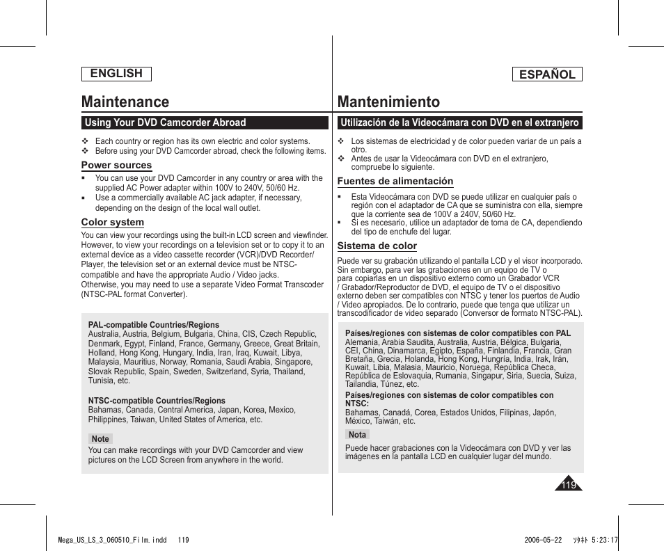 Maintenance, Mantenimiento, English | Español | Samsung SC-DC565-XAA User Manual | Page 119 / 132